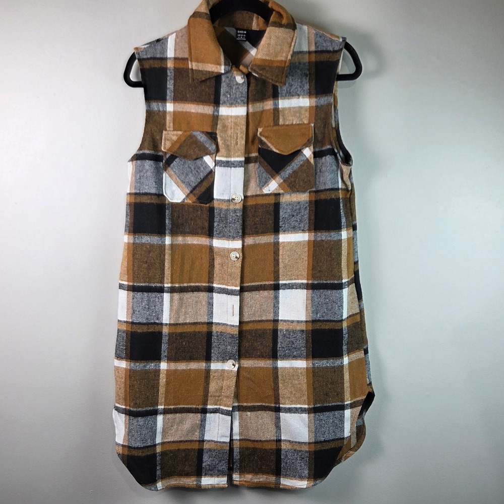 SHEIN Plaid Sleeveless Vest Women S Brown Excellent Longline Flannel Shacket